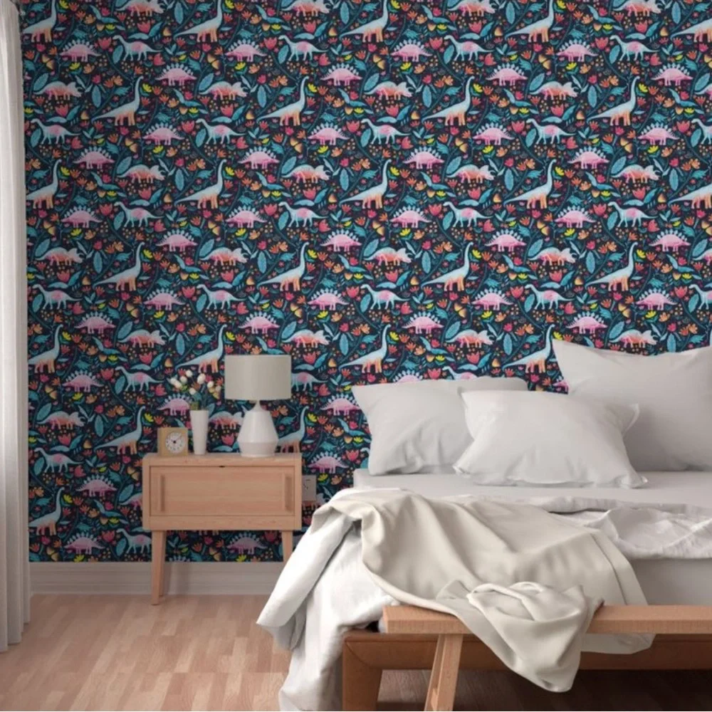 Spoonflower Dinosaur Delight Non-Pasted Traditional Pebble Wallpaper One Roll